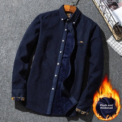 Winter Corduroy Warmshirt Men's Fleece-Lined Thickened Integrated Velvet Business Casual Versatile Shirt For Dad