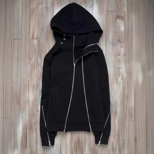 Rivet Decorated Multi Zipper Cardigan Streetwear Punk Gothic 2000s Long Sleeve Casual Coat Asymmetric Aesthetics Masked Hoodies