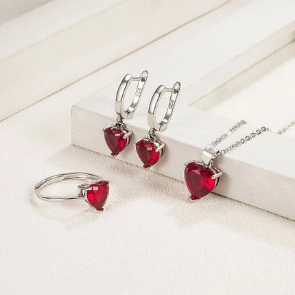 Fine 925 Sterling Silver Jewelry Gift Sets for Women Female Romantic Heart Zircon Huggie Earrings Pendant Necklace Ring
