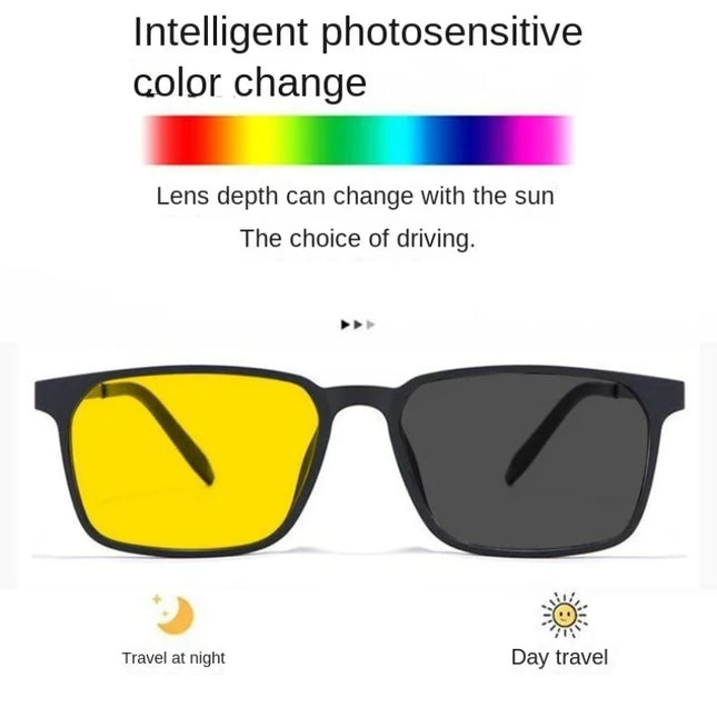 Metal Square Frame Photochromic Night Vision Myopia Glasses Day and Night Dual-Use Driving-Specific Anti-Glare Business Eyewear