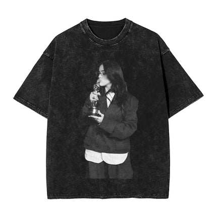 Billie Eilish Funny Poster Graphic Print T-shirt Men Women Fashion Vintage Washed Cotton O-neck Summer Tee Oversized Casual Top