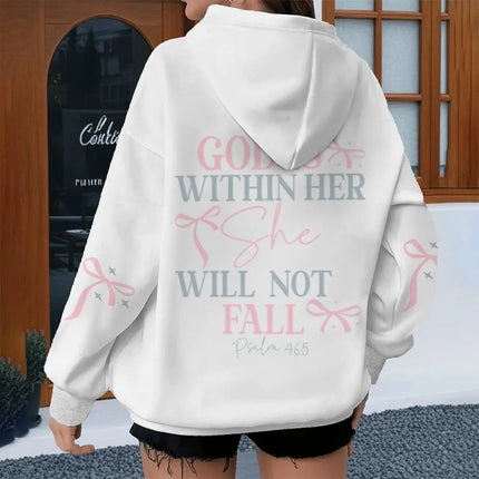 "God Is Within Her Will Not Fall" Print Hoodie Women Coquette Bow Pattern Christianity Hoody Fashion Jesus Female Hoodies