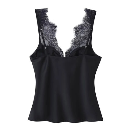 European and American style 25 winter new lace detail decoration heart-shaped neckline fine shoulder strap silk texture top