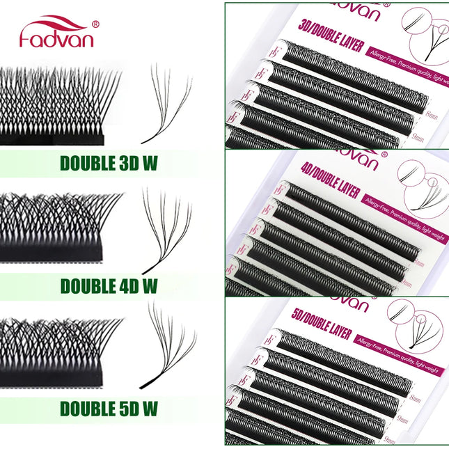 FADVAN 3D/4D/5D W Shaped Double Tips Eyelash Extensions Natural Softlight Volume Fanning Lashes 0.07 Curl C D Black Eyelashes