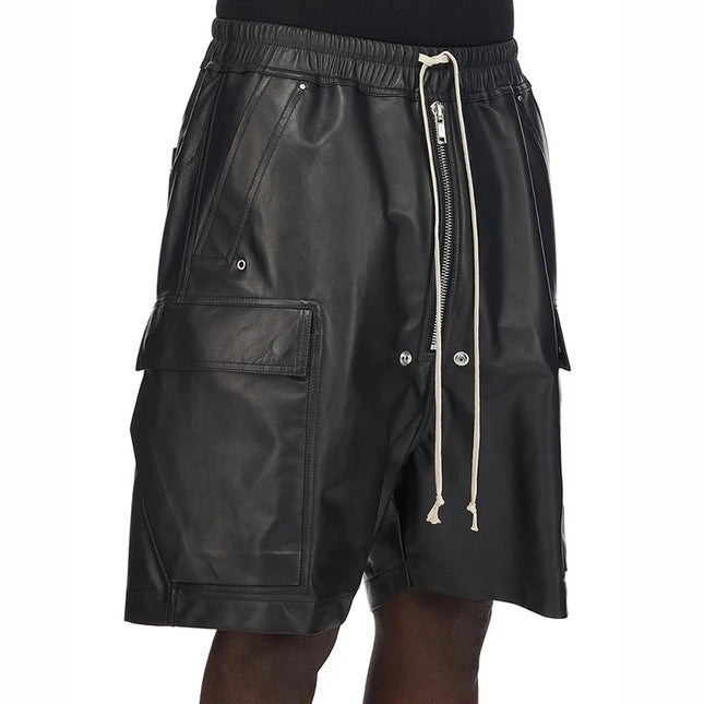 Mauroicardi Summer Cool Handsome Casual Soft Black Pu Leather Straight Shorts for Men Elastic Waist Drawstring Clothes 2023