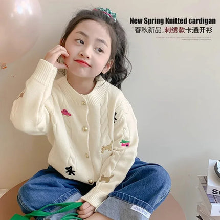 3 4 5 6 8 10 Years Girls Sweaters Spring Autumn New Cartoon Print Single Breasted Knit Cardigan ForTeen Kids Sweet Knitwear Coat