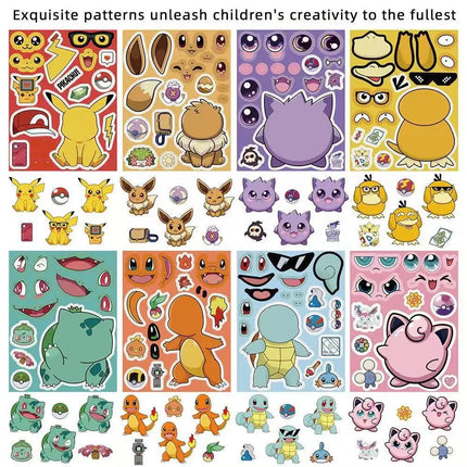 8/24PCS  Anime Pokemon Cartoon Puzzle Stickers Pikachu Children Make A Face DIY Toys Funny Assemble Jigsaw Kids Boys Girls Party