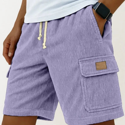 Men's Workwear Shorts Summer Casual Corduroy Loose Elastic Waist Multi-Pocket Leisure Pants Embroidery Retro Style Male Trousers
