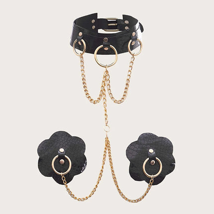 Sexy Body Chain Erotic Accessories For Women Pu Leather Nipple Cover Reusable With Choker Metal Chain Linked Nipple Pasties