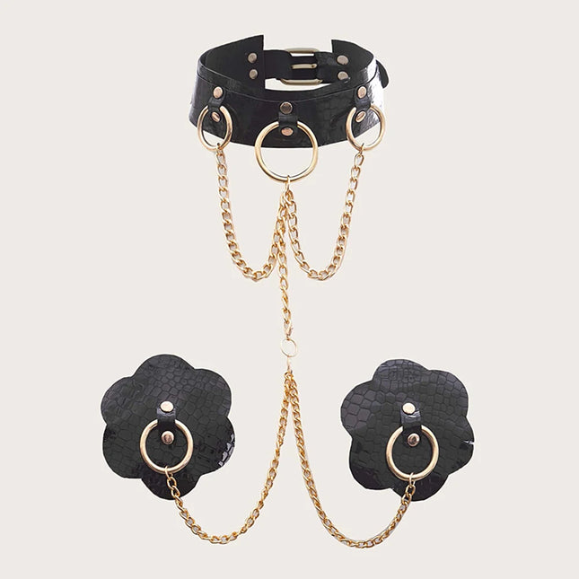 Sexy Body Chain Erotic Accessories For Women PU Leather Nipple Cover Reusable With Choker Metal Chain Linked Nipple Pasties