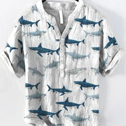 Men's Summer V-neck Art Print Men's Short Sleeve T-shirt 2024 Summer Fashion Urban T-shirt Men's V-neck Henry Shirt