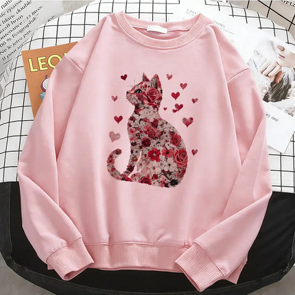 Love Cat Gothic Womens Solid Hoodies Basic Warm Fleece Sweatshirt Soft Breathable O-Neck Pullover Casual Female Clothes