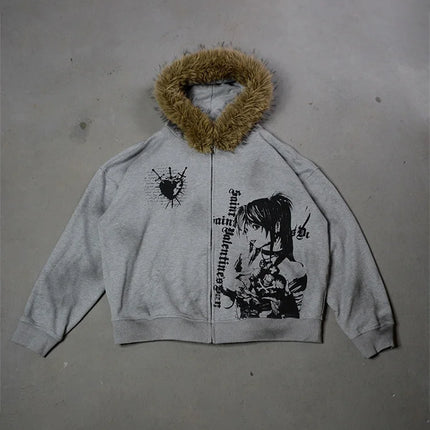 Winter Fashion Streetwear Women's Gothic Printed Faux Fur Hooded Jacket Trendy Edgy Zip - Up Sweatshirt 2026 New Arrival