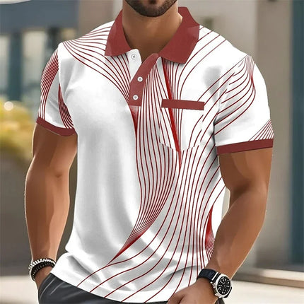 Fashionable summer short-sleeved men's polo shirt with 3d printed stripes, men's lapel, high-quality men's shirt, casual wear