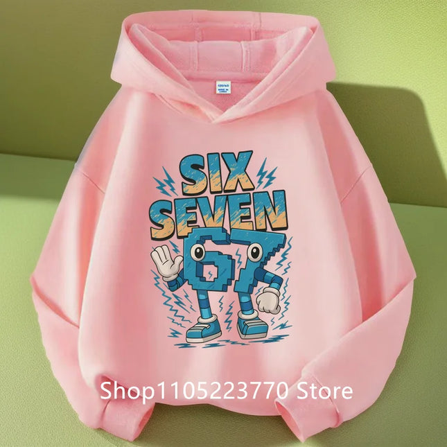 Spring And Autumn Single Casual Fashion Christmas #67 Boys Black Hoodie, Six Seven, Hand Support 67 Cartoon Print Pattern