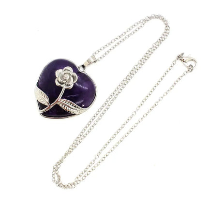 Crystal Stone Heart Shape Pendant Natural Rose Quartz Amethyst Crystal Lapis Lazui Green Aventurine Agate Women Necklace Jewelry