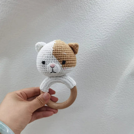 Amigurumi Cartoon Animal Baby Rattle Cute Wooden Ring Handhold Newborn Rattle Toys Handmade Pacifier Clips Kids Educational Toys