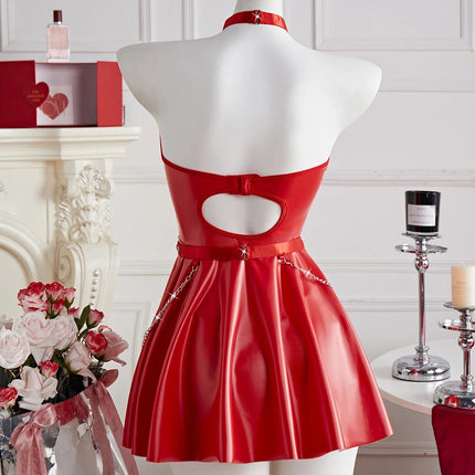 Women Sexy Faux Pu Leather Short Dress Hollow Metal Chain Halter Neck SleepDress Hanging Neck Nightgown