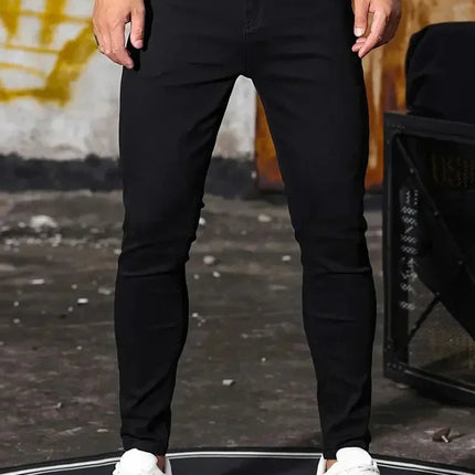 Men Jeans Stretch Skinny Denim Pants Solid Color Black Blue Spring Luxury Street Harajuku Hip-Hop Style Slim Fit Trousers Brand