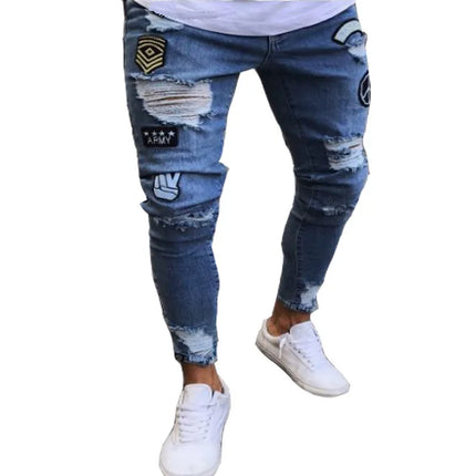 2023 Fashion Street Style Ripped Skinny Jeans Men Vintage wash Solid Denim Trouser Mens Casual Slim fit Black Blue denim Pants