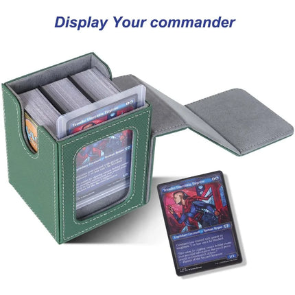 MTG Deck Box for Commander Display,Card Deck Box Fits 100 Double Sleeved Cards, Magic Commander TCG Card Storage case with 2 Dividers,Dice Bag and 1 Toploader(Green/Grey)