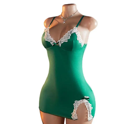 Sexy Deep V Teddy Doll Tight Fitting Woman Sexy New Green Lingerie For Women Hot Pajamas Dress Erotic Night Dress Set Costumes