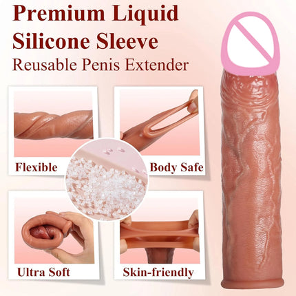 Realistic 8''Penis Sleeve Sex Toys For Men Silicone Penis Condom Reusable Penis Sleeve Penis Extender Male Couples Adult Toys