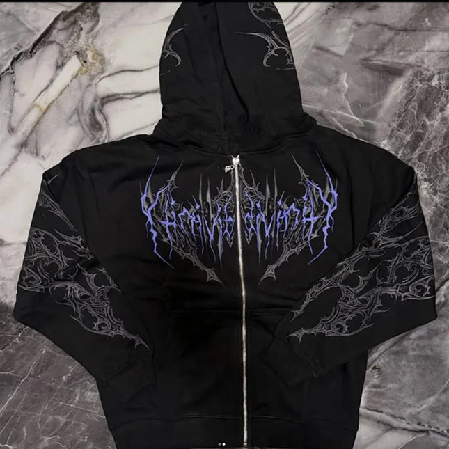 Men Gothic Skull Thorn Graphic Full Zip Up Hoodie Fleece Lined Long Sleeve Winter Punk Goth Streetwear Oversized Sweatshirt
