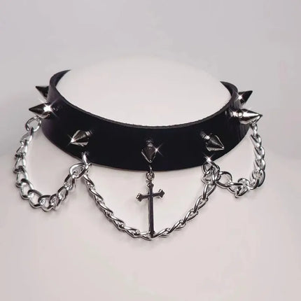 Choker with Silver Tone Cross with Punk Gorgeous Alternative Jewellery Pendant Necklace Wide Statement Charm Women Gift Harajuku