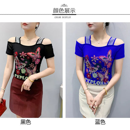 Summer Streetwear Fashion Women's T-shirt Luxury Design Butterfly Hot Diamonds Tee Sexy Off Shoulder Girls Tops European Clothes