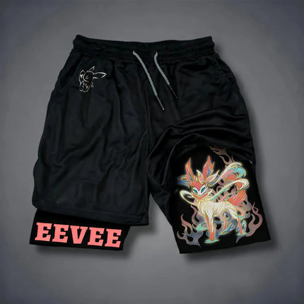 Pokémon Anime Eeveelution Printed 2-in-1 Double-layer Shorts 2026 Unisex Summer New Fitness Breathable Fast Drying Sports Shorts