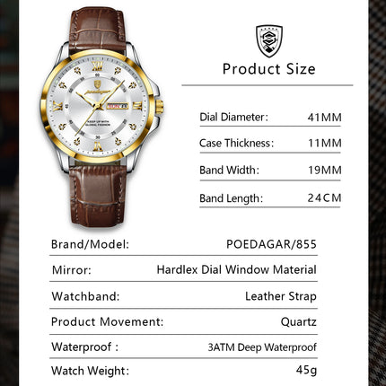 POEDAGAR Original Luxury Male Wristwatch Waterproof Luminous Date Week Men Watch High Quality Leather Quartz Men's Watches Reloj