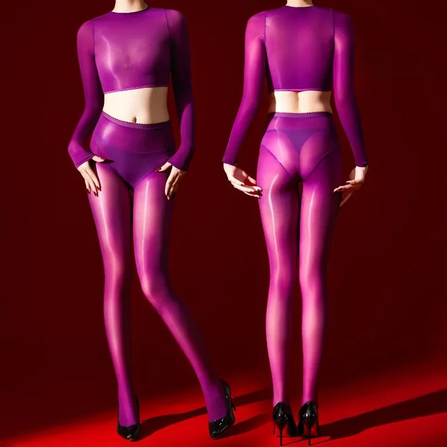 Oil Shiny Pantyhose T-shirts Lady Tights Glossy Smooth Stocking 5D Ultra-thin Transparent Jumpsuit Hot Girl Erotic Lingerie
