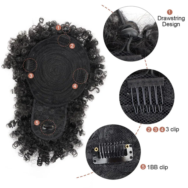 Afro Puff Synthetic Drawstring Ponytail with Bangs Pineapple Updo Hair for Black Women, Short Kinky Curly Ponytail Bun (1B)