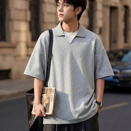 Men's Knitted V-Neck Polo Shirt Retro Solid Short-Sleeved T-Shirt Soft Breathable Loose-Fitting Casual Half-Sleeve T-Shirt