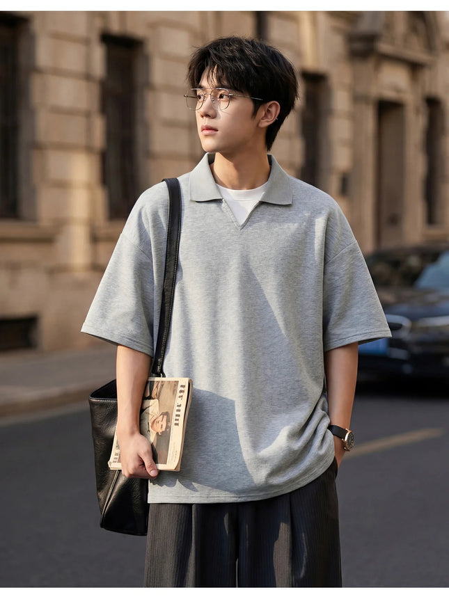 Men's Knitted V-Neck Polo Shirt Retro Solid Short-Sleeved T-Shirt Soft Breathable Loose-Fitting Casual Half-Sleeve T-Shirt