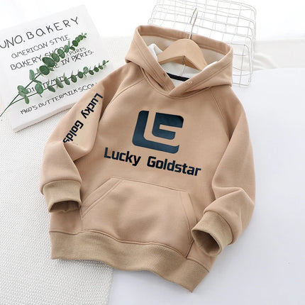 3-12 Years New Autumn Winter Boys Hoodies Lined With Plush Lining Thick Keep Warm Letter Hooded Sweatshirt For Kids