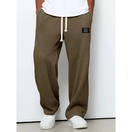 American Style Men's Waffle Textured Wide Leg Sweatpants Drawstring Elastic Waist Casual Loose Fit Streetwear Joggers