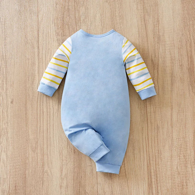 Newborn Baby Clothes, Cotton, 0-12 Months, Blue Flying Bear Stripe Print, Spring and Autumn Long Sleeve, Unisex Kids Jumpsuit Pajama