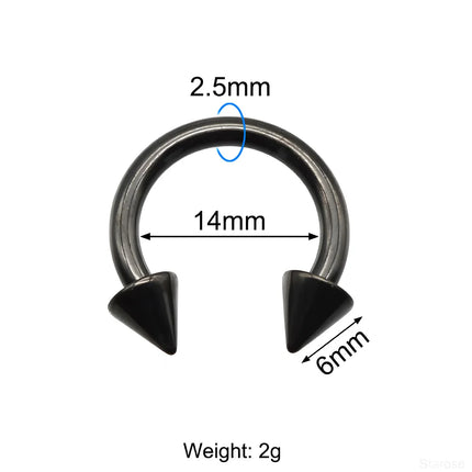1Pc Large Gauge Black Stainelss Steel Horseshoe Ring with Spike Circular Barbell Piercing Nose Rings Cone Piercing Septum Rings