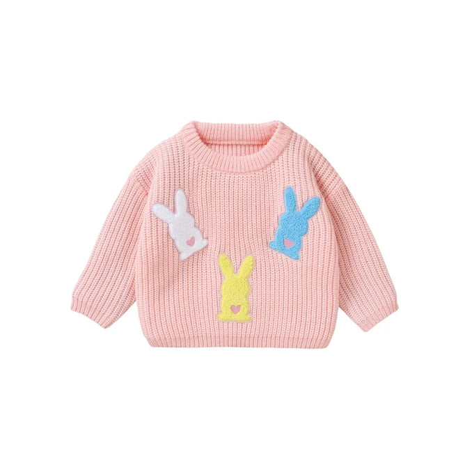 Toddler Girls Knit Easter Sweater Long Sleeve O Neck Bunny Embroidery Pullover Knitwear