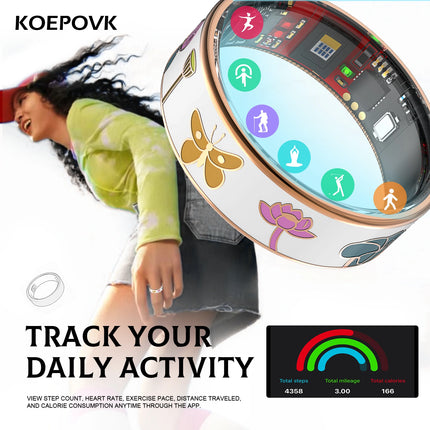 Smart ring White Dragonfly Lotus Style Activity tracking, calorie counting, step counting, distance tracking (km), 24/7 sleep tracking, heart rate monitoring, body temperature monitoring, blood oxygen monitoring, stress track