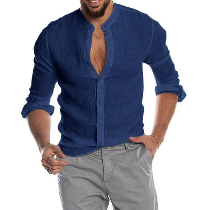 Men's casual long sleeve stand collar solid color shirt