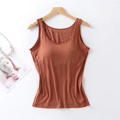 2025 Women's Vest Tops With Built-in Bra Neck Vest Padded Slim Fit Tank Tops Sexy Shirts Feminino Casual Underlay Slimming Shirt