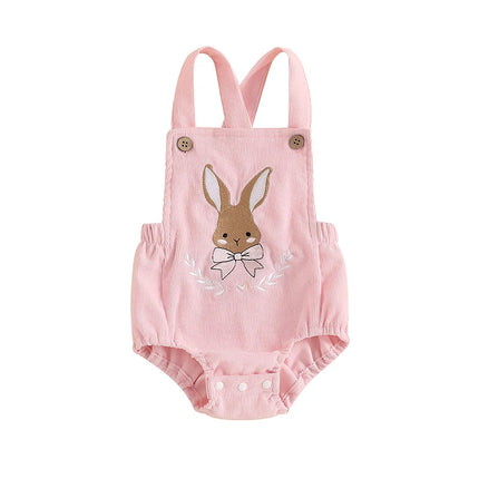 Baby Easter Romper Sleeveless Square Neck Bunny Embroidery Bodysuit Newborn Overalls