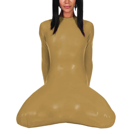 Fetish Long Sleeve Glossy PVC Bondage Bodysuit Mock Neck Wetlook Vinyl Leather Bodycon Romper for Cosplay Outfits Exotic Teddies