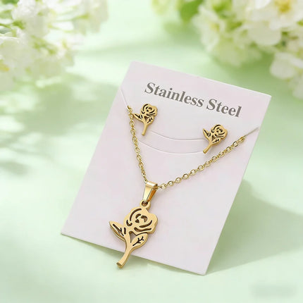 6/8/10/15Sets Fashion Flowers Heart Stainless Steel Earrings Necklace Set For Women Mix Style Trendy Jewelry Party Gifts