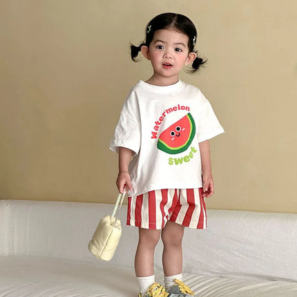 MILANCEL New Summer Kids Clothes Set 1-9T Girls Cartoon T-shirt+Striped Shorts Cotton Loose Boys Tee Suit Children Outfit 2PCS