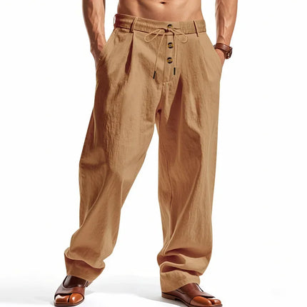 Men's Boho Linen Blend Wide Leg Pants High Waist Drawstring Button Fly Loose Fit Trousers with Side Pockets