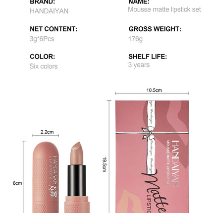 Matte Lipstick Set 6 Colors Velvet Texture Long Lasting Non Drying Lip Makeup Women Gift Box